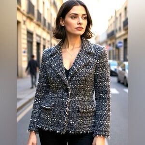 Womens Gray Tweed Jacket - Classic Tailored Coat